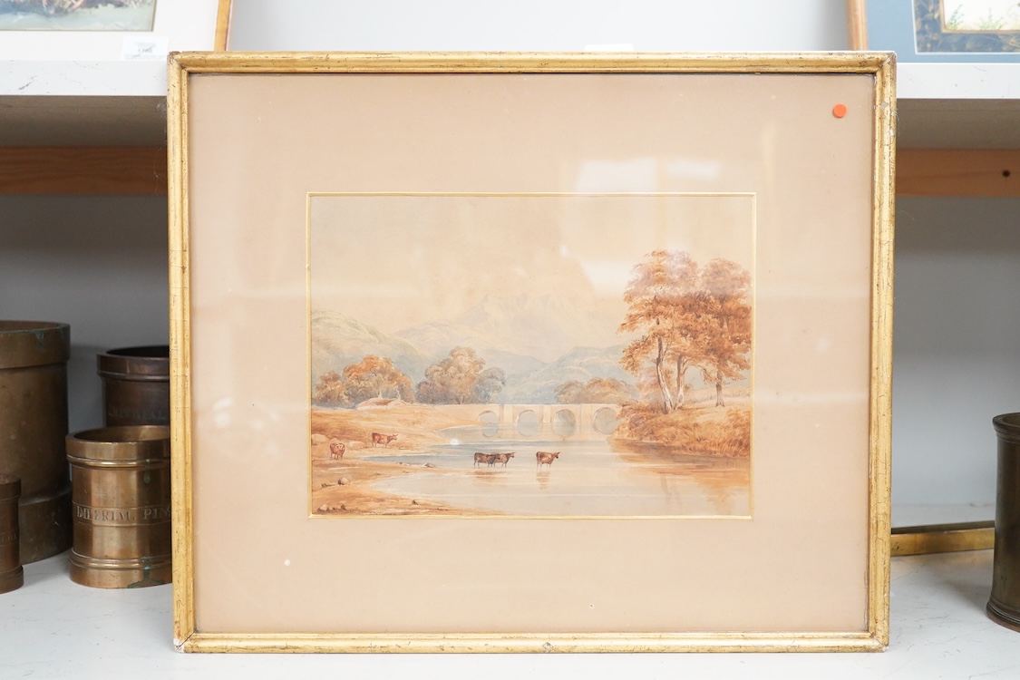 19th century School, ‘Windermere, Launceston, Tasmania’, watercolour together with another Continental watercolour, Bridge over water, largest 20 x 32cm